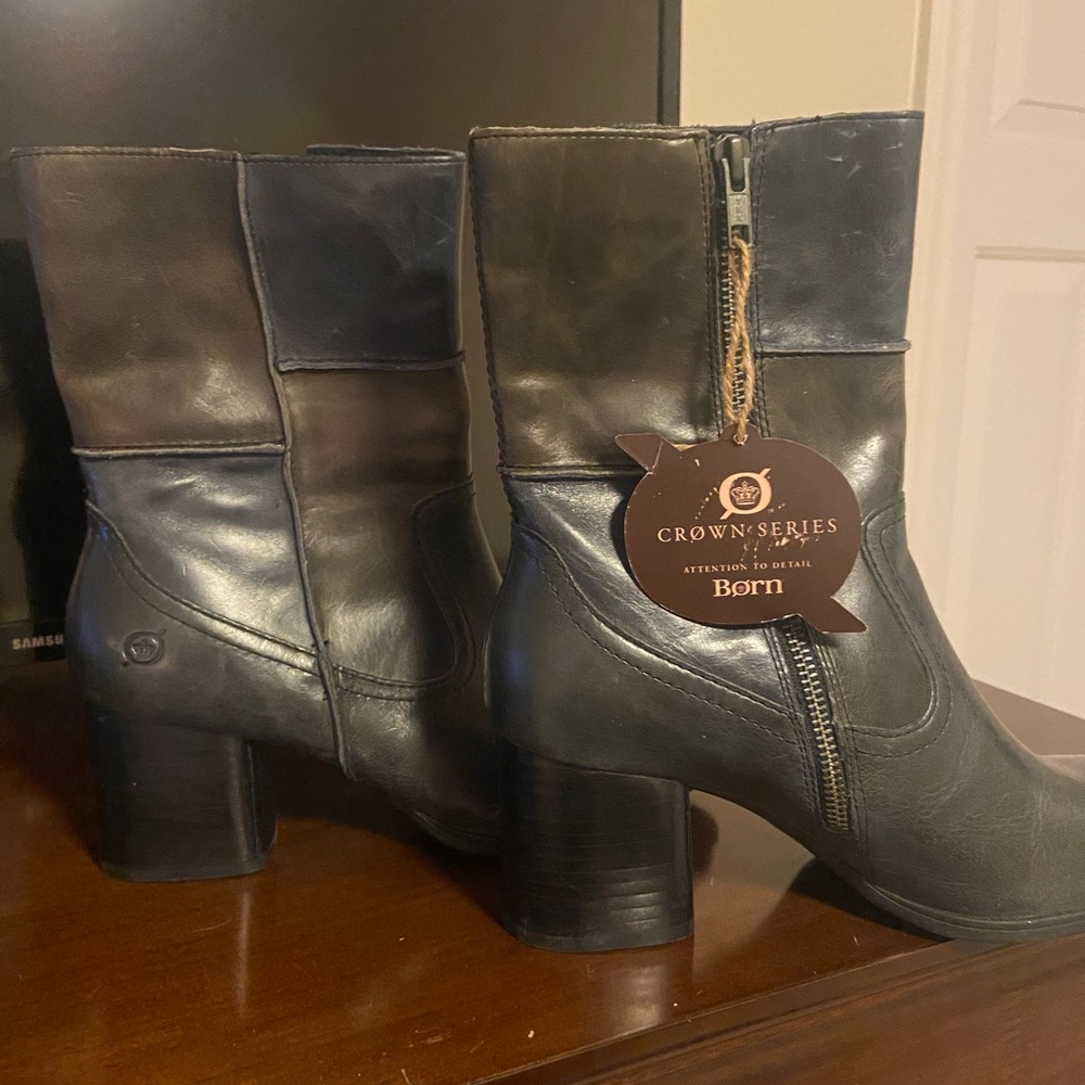 Born boots , size 8 . Dark navy and black patchwork design.
